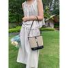 Cowhide canvas splicing bucket bag women's 2025 summer shoulder oblique span bag casual versatile underarm bag Korean version tide