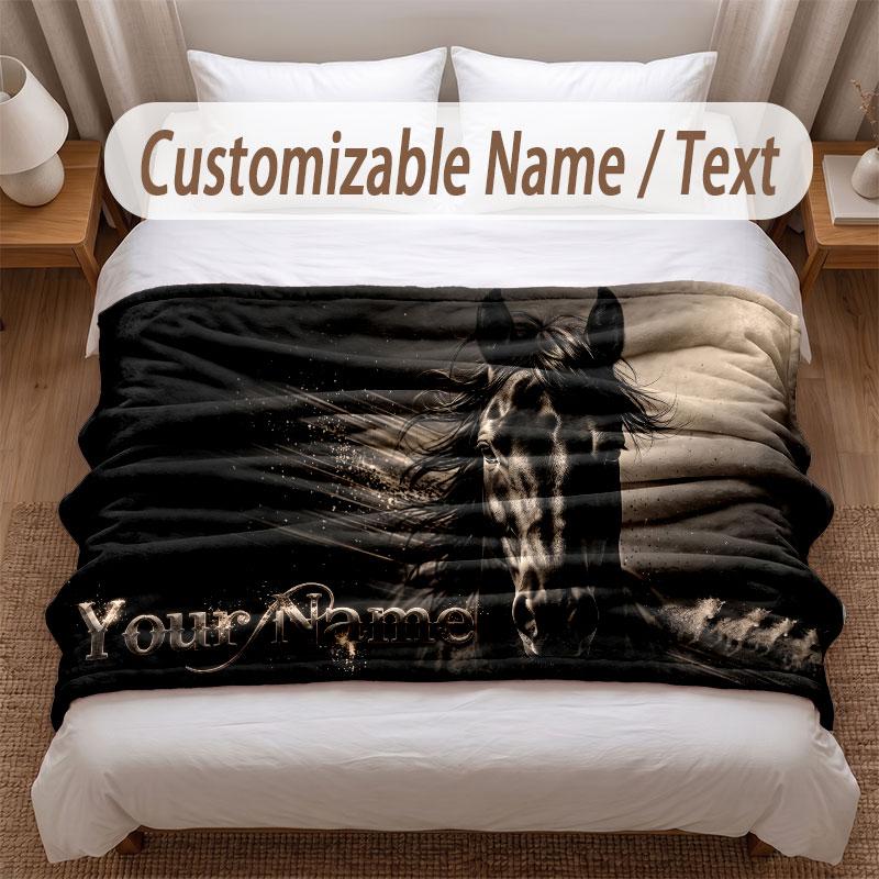 Manta Suave con Temática de Caballos Nombre Personalizado Impresión de Texto Manta Cálida Decoración para Sofá del Hogar Dormitorio
