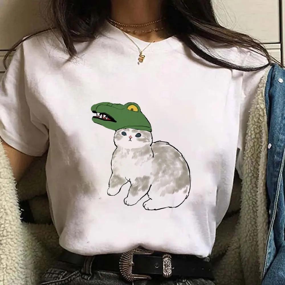 Cute Cat Print Short Sleeves Women's Tshirt Fashion Streetwear Y2k Clothing Sportwear Harajuku Pullover Tops Tees Summer Spring