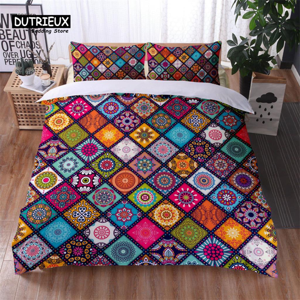 Bohemian Geometric Pattern Bedding Set Dragonfly Chic Mandala Floral Duvet Cover With Pillowcases For Kids Adults Bedroom Decor