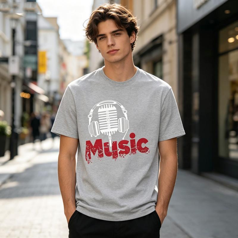 Music Graphic T Shirt Vintage Microphone Headphones Print Unisex Soft Cotton Crew Neck Short Sleeve Trendy Casual Tops