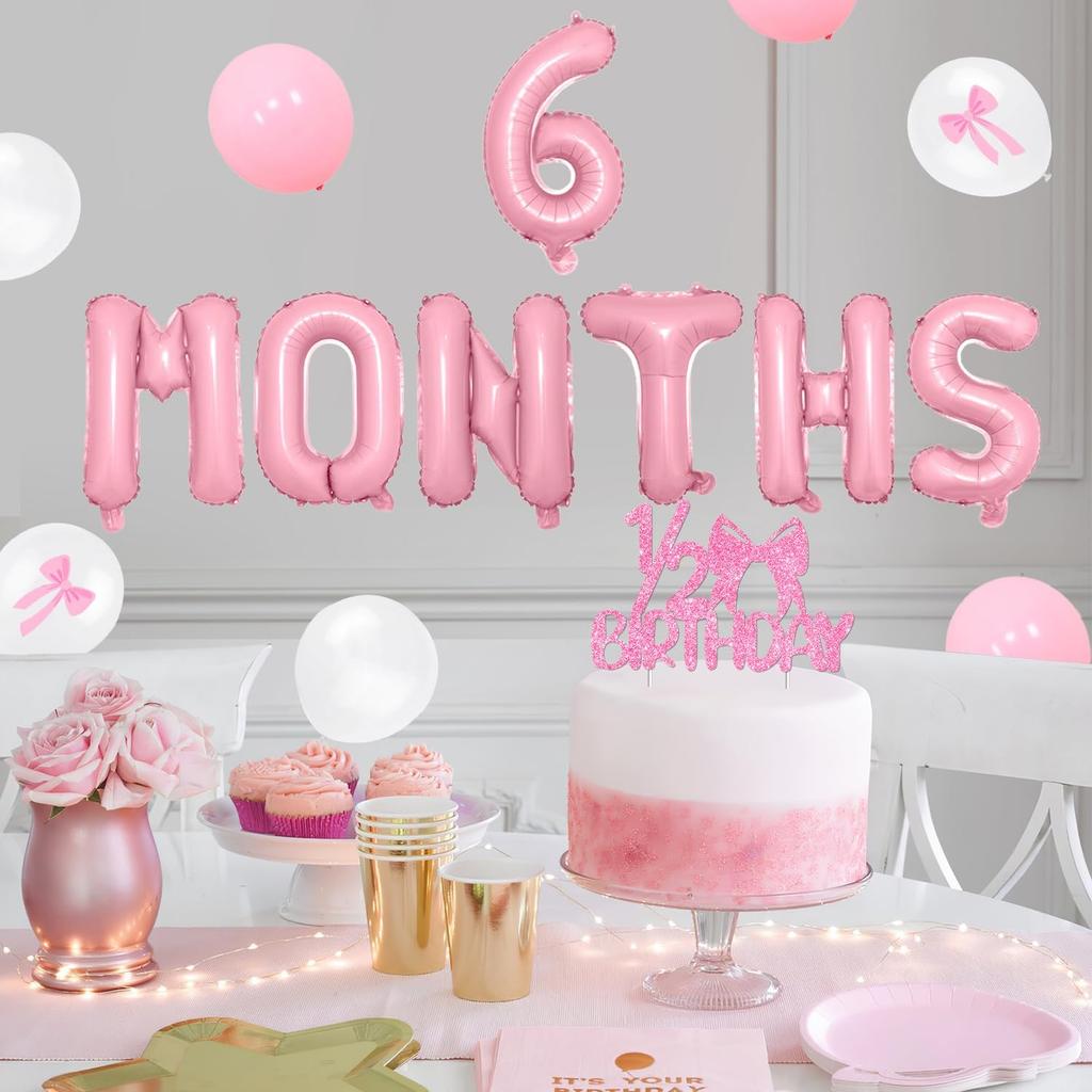 Half Birthday Decorations - Pink Gingham Banner Bow, Balloons, Cake Topper for Girls 6 Month Party Supplies
