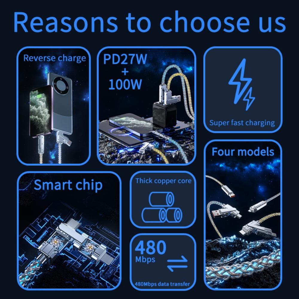 PD100W USB Type C Fast Charging Cable 4-in-1 Colorful Lights RGB Data Cable Multi-ports Charging Wire For Samsung Xiaomi Huawei