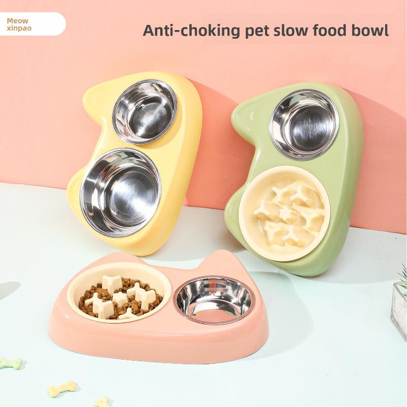 Cat Bowl, Anti-choking Slow Food Cartoon Size Cat Eye Double Bowl, Anti-slip and Easy-to-clean Stainless Steel Dog Bowl and Cat Drinking Bowl