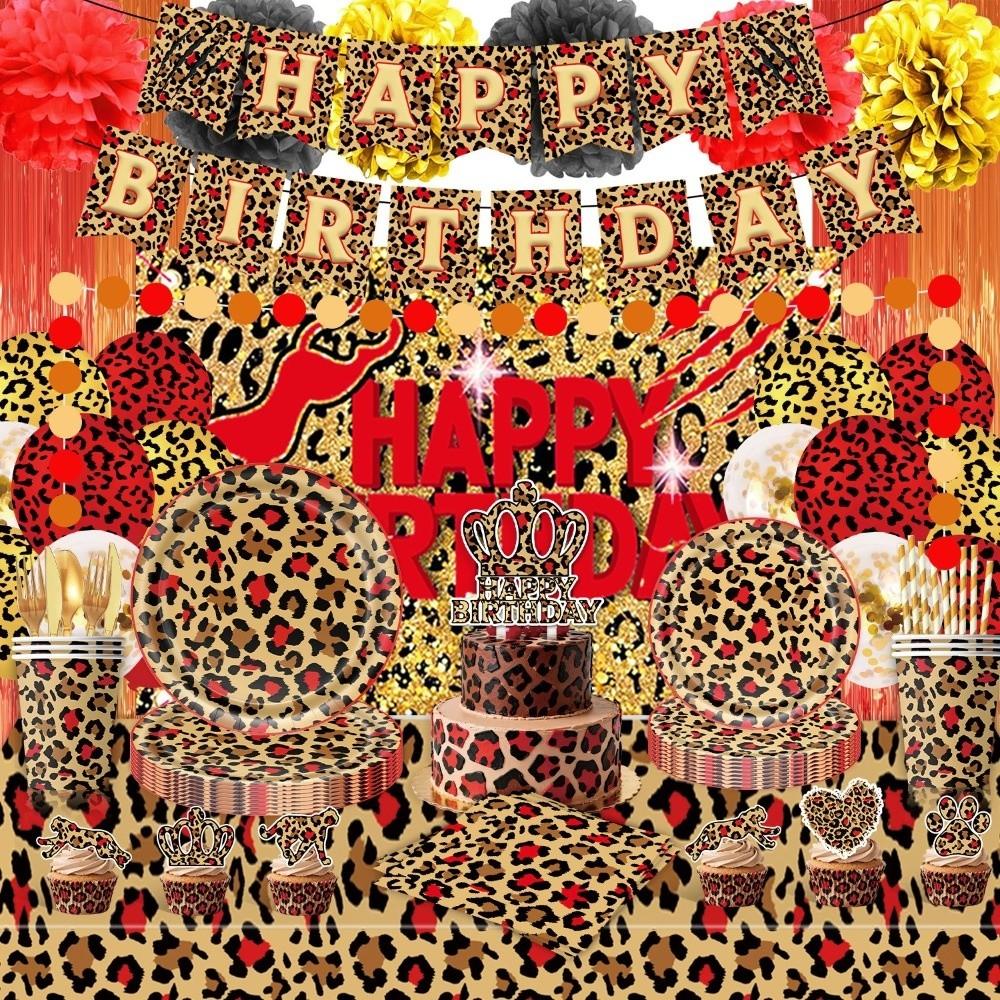 96PCS Happy Birthday Banner Cheetah Print Birthday Decorations Napkin Thicken Tableware Set Leak-proof Tablecloth