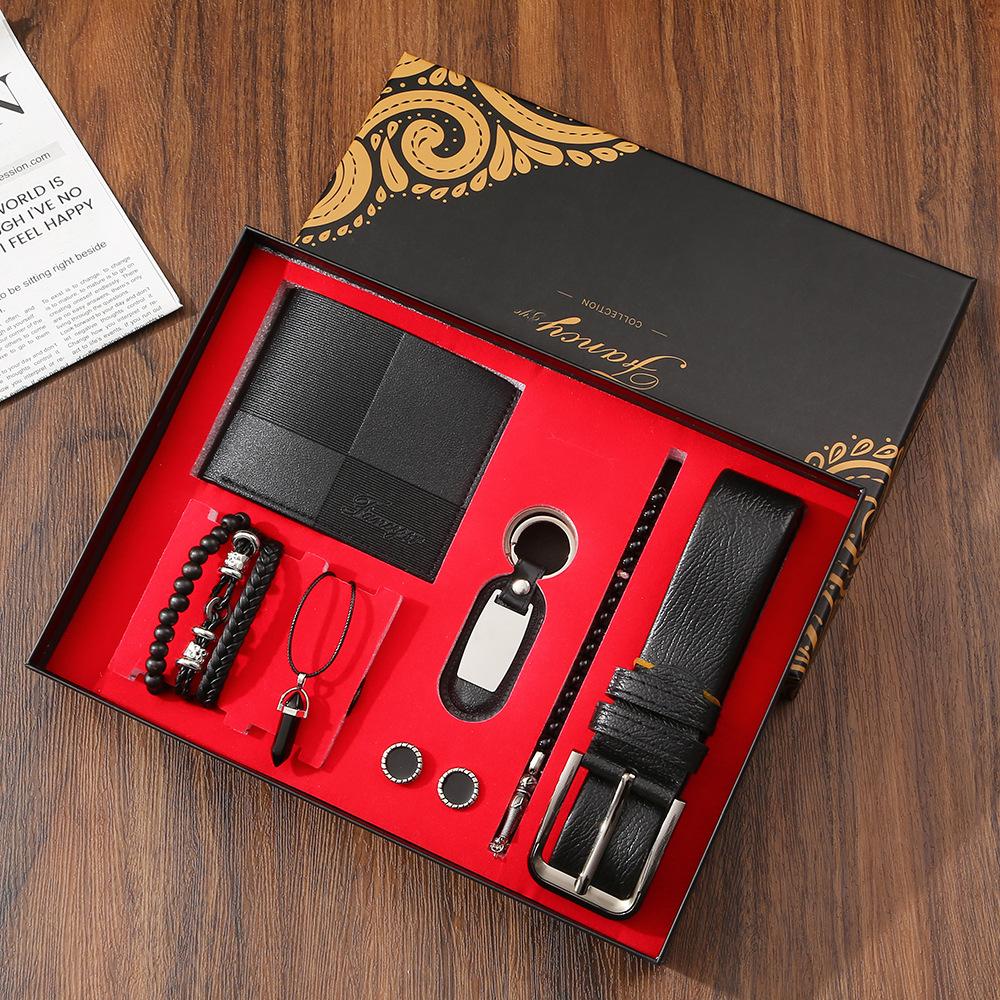 Premium Men's Souvenir Gift Set Custom Logo Leather Wallet Belt Watch Sunglasses 4-Piece Valentine Birthday Luxury Box
