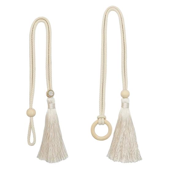 Wooden Ring Tassels Curtain Tieback, Adjustable Window Curtain Holders Ties Backs, No Drill Drape Curtain Holdbacks for Home Bedroom Decor