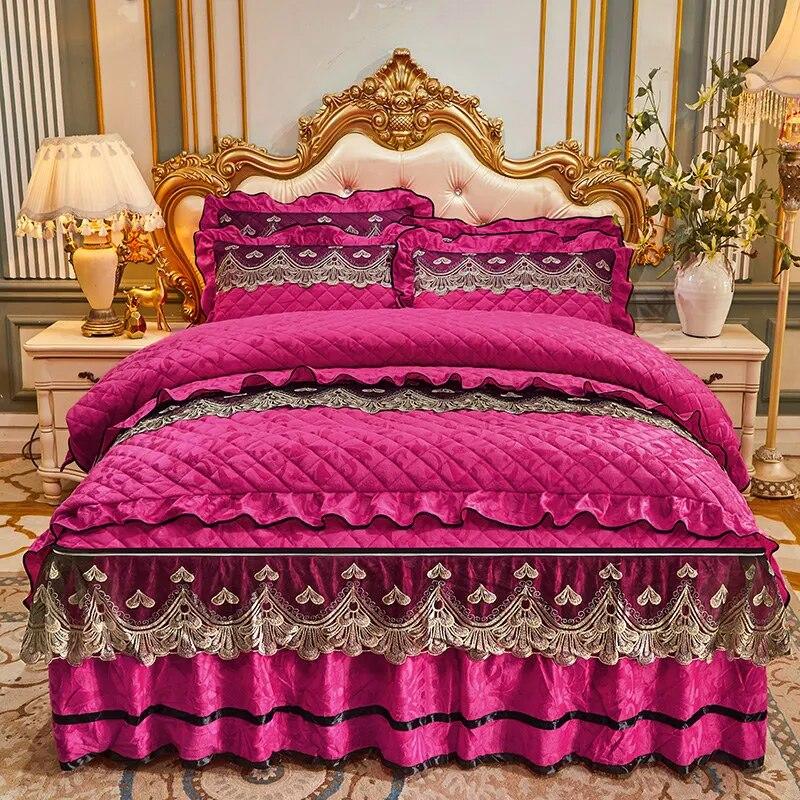 Set pilota matlasata din catifea Pat dublu 220x240 King Size Broderie Dantela Husa pilota de lux Solid 2 Fete de perna Moale