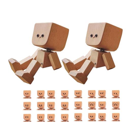 1/2 Sets Shaking Wooden Man Figurine with 12 Magnetic Expressions Handmade Shaking Feet Wooden Doll Car Dashboard Desktop Decoration
