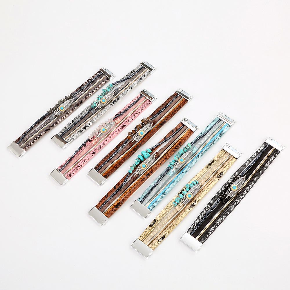 Korean Style Leather Bracelet with Feather & Turquoise for Women & Men