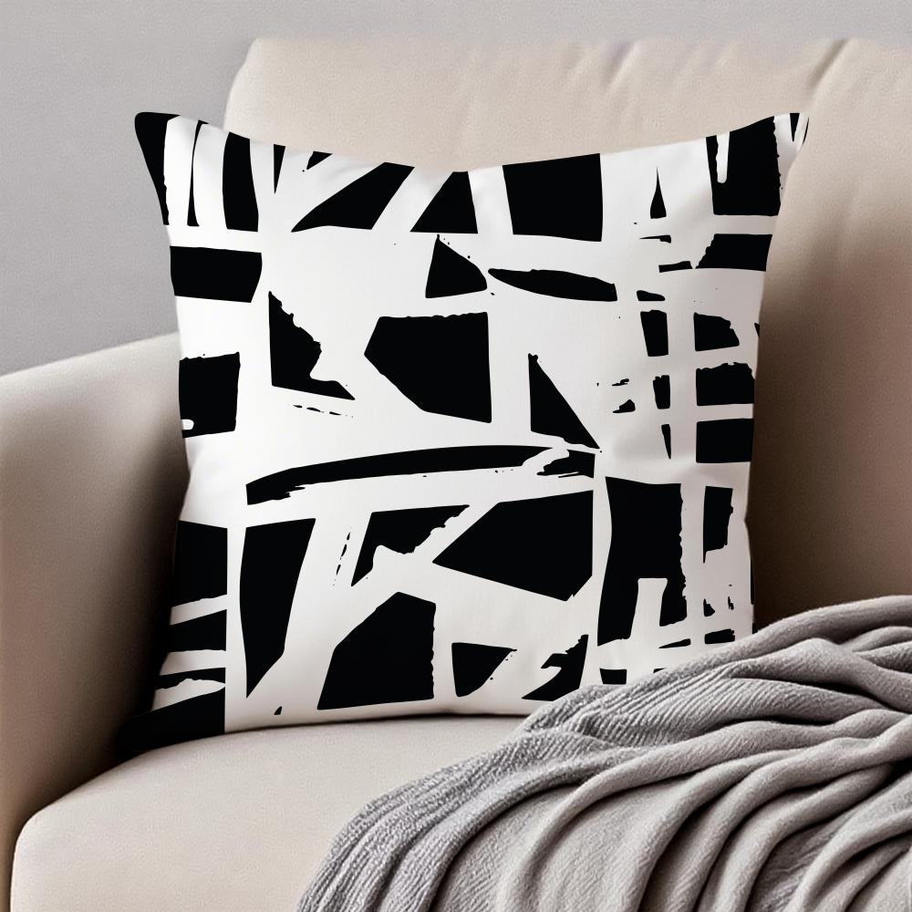 Simple Black And White Abstract Modern Style Cushion Cover Pillowcase Antidustmite Invisible Zipper Short Plush Sofa Cushion