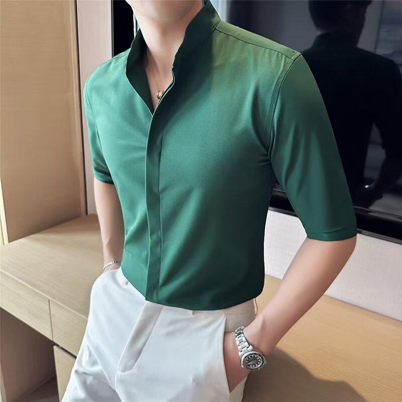 Men's Stylish Stand Collar Short Sleeve Shirt - Summer Cool, High-End, Seven-Point Sleeve