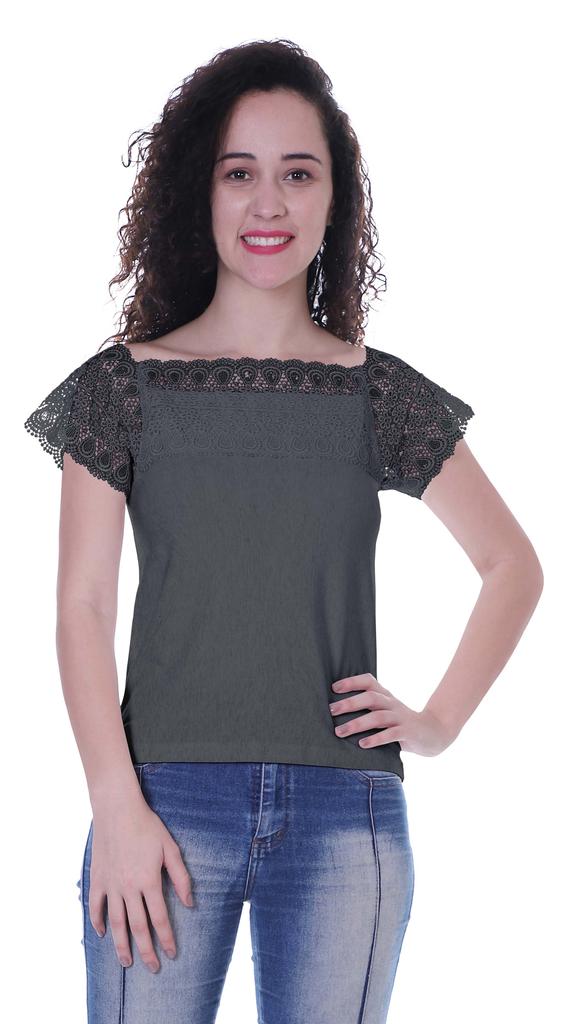 Moomaya Lace Sleeve Tops For Women Plain Boat Neck Tee Shirt