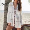Beach Bikini Cover Up Shirt Lapel Flared Long Sleeve Single Breasted Swimsuit Coat Hollow Out Women Mid-length Shirt