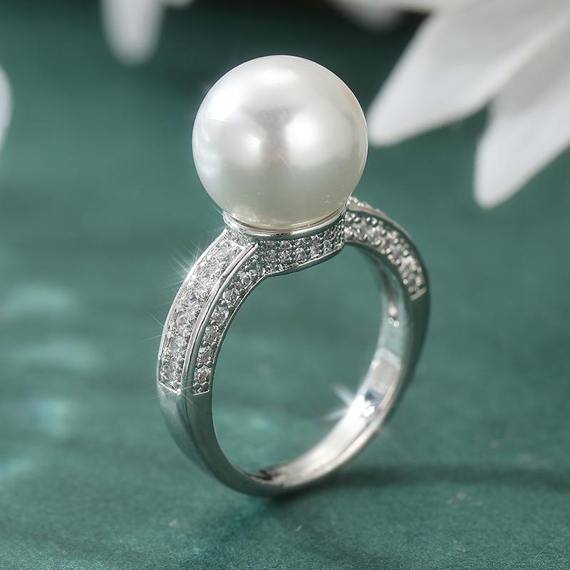 Aesthetic Inlaid White CZ Imitation Pearl Women's Ring Sparkling CopperColor Geometry Daily Wear Party Jewelry Anniversary Gift