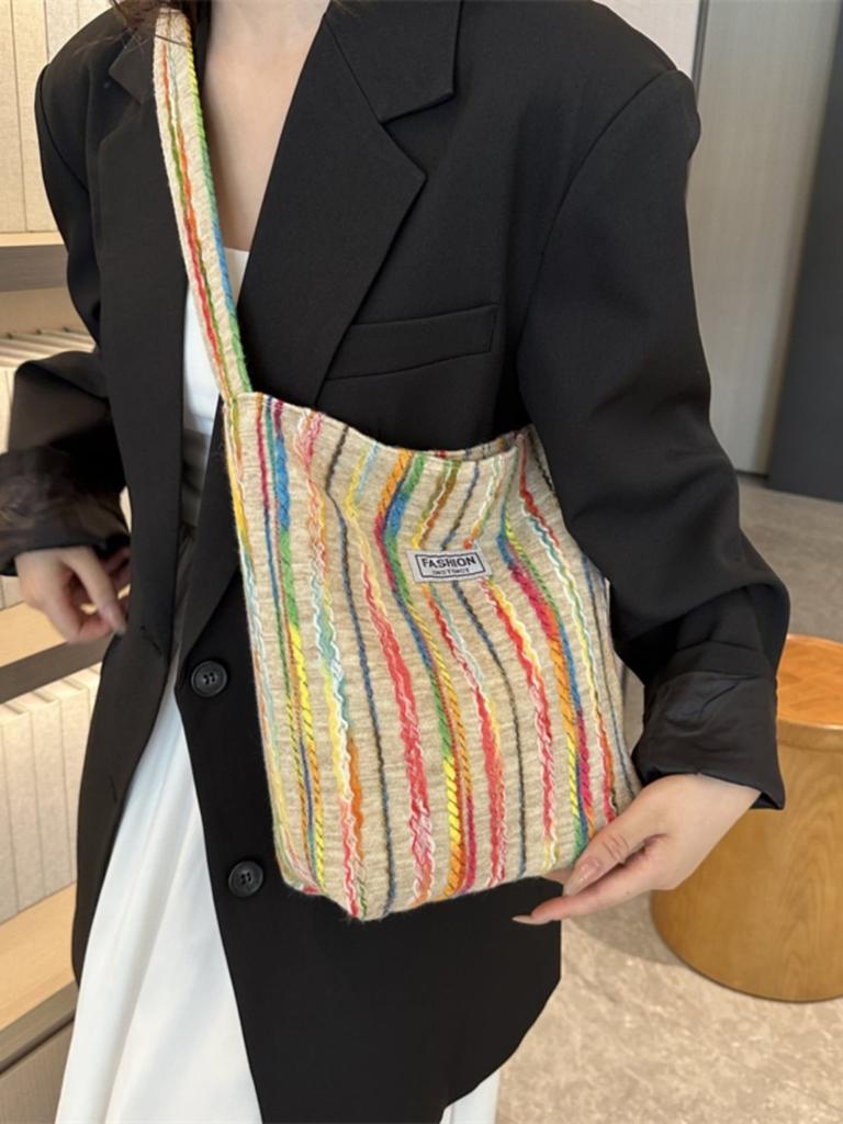 Stylish Large Capacity Women's Shoulder Bag With Colorful Rainbow Stripes And Embroidery