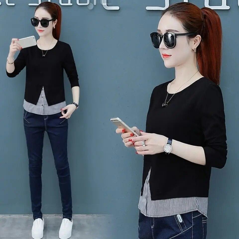 Dámské tričko s dlouhým rukávem z čisté bavlny Jaro Podzim Nové Falešný dvoudílný top Volný Pruhovaný Patchwork Základní tričko