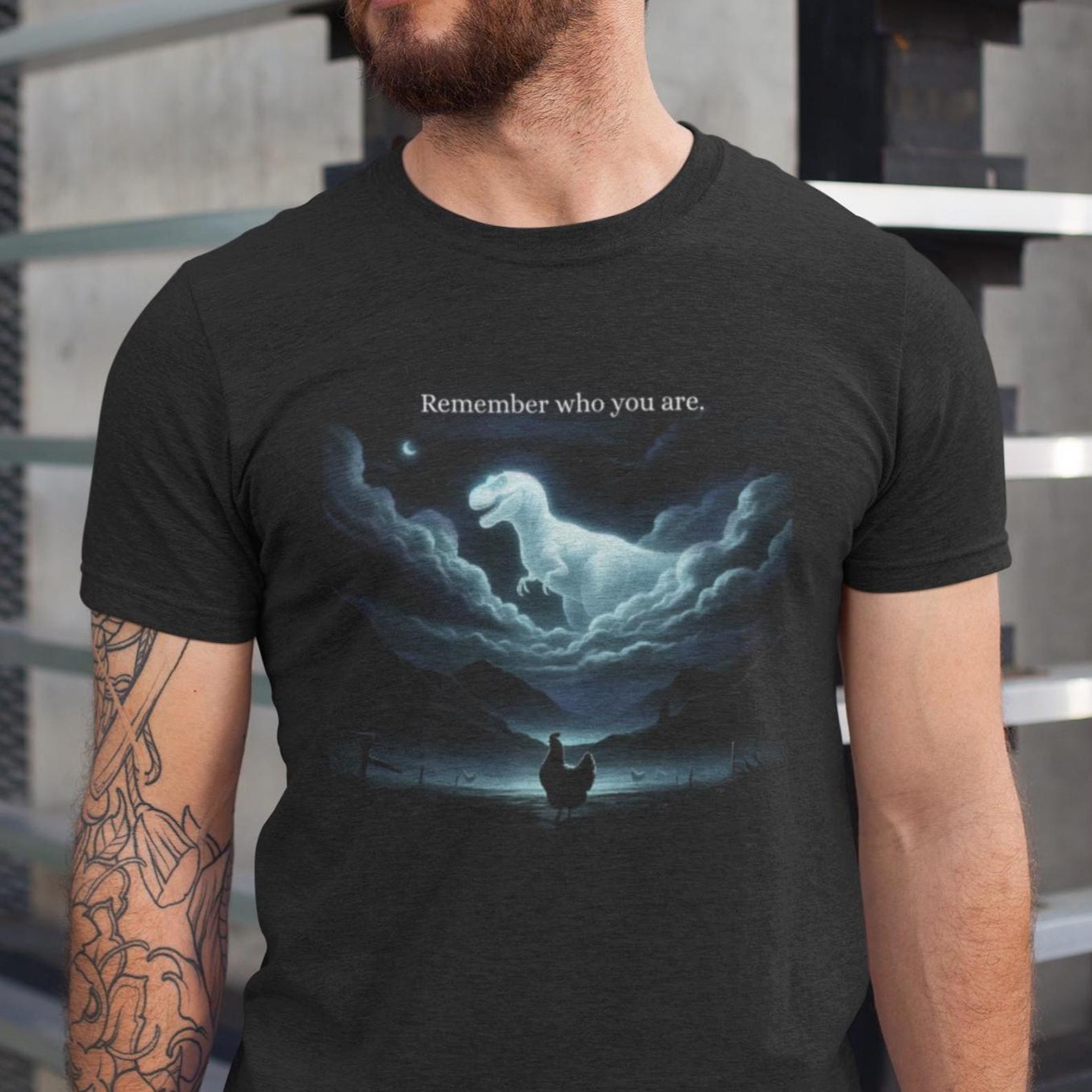 Funny Sarcastic Novelty T-Shirt, Remember Who You Are Shirt, Evolution Joke Meme shirt, Chicken Dinosaur Tee XL