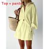 Fall Womens Printed Cotton Blouse And Shorts Set With Pockets For Casual Office Wear