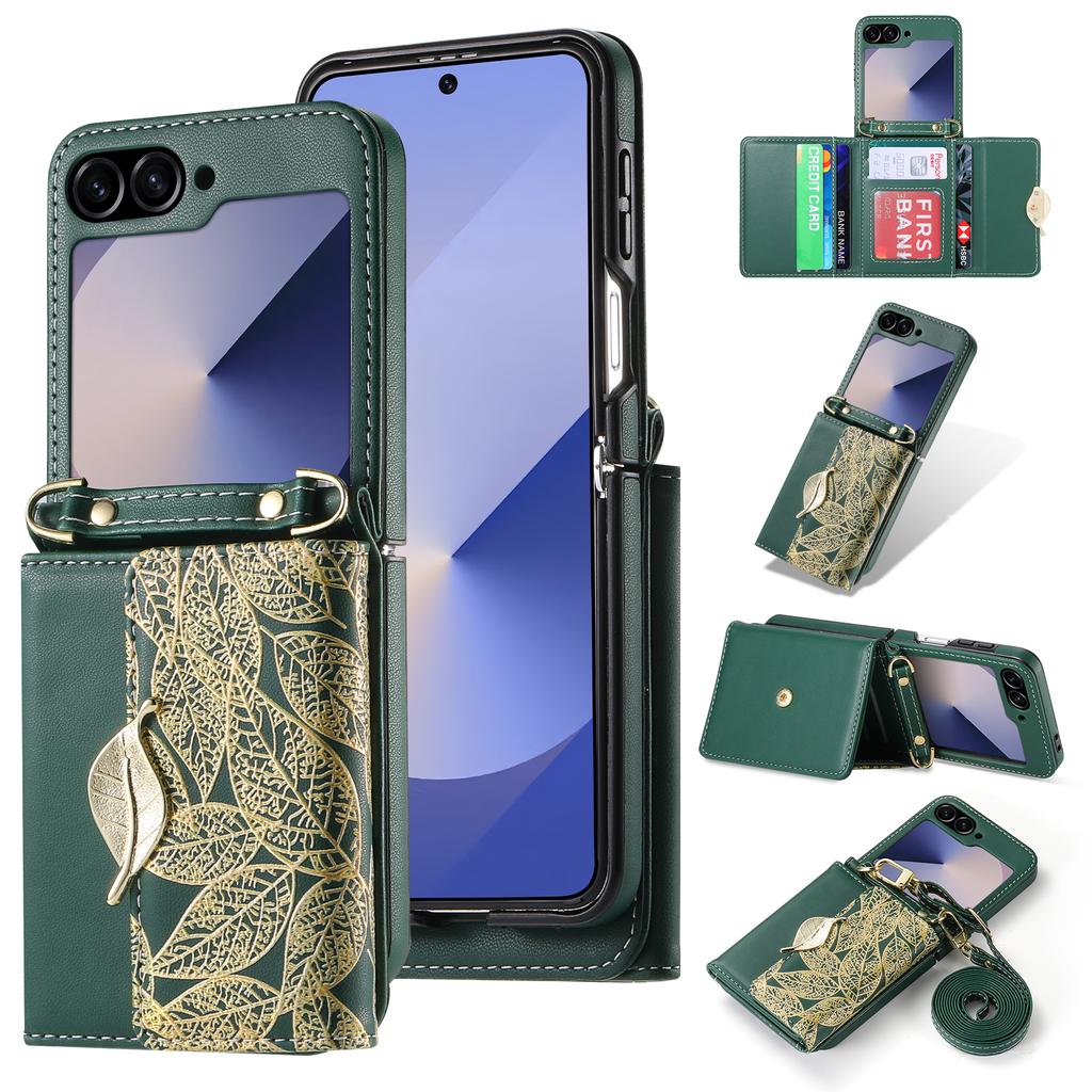 Crossbody Cards Solt Wallet Leather Case For Samsung Galaxy Z Flip 6 5G Triple Fold Pocket Golden Leaf Flip6 Bag Lanyard Cover