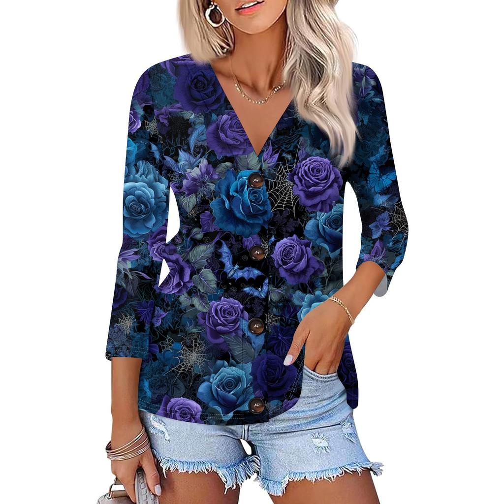 Women's Fashion Casual Print Button-down Shirt 3/4 Long Sleeve Tops