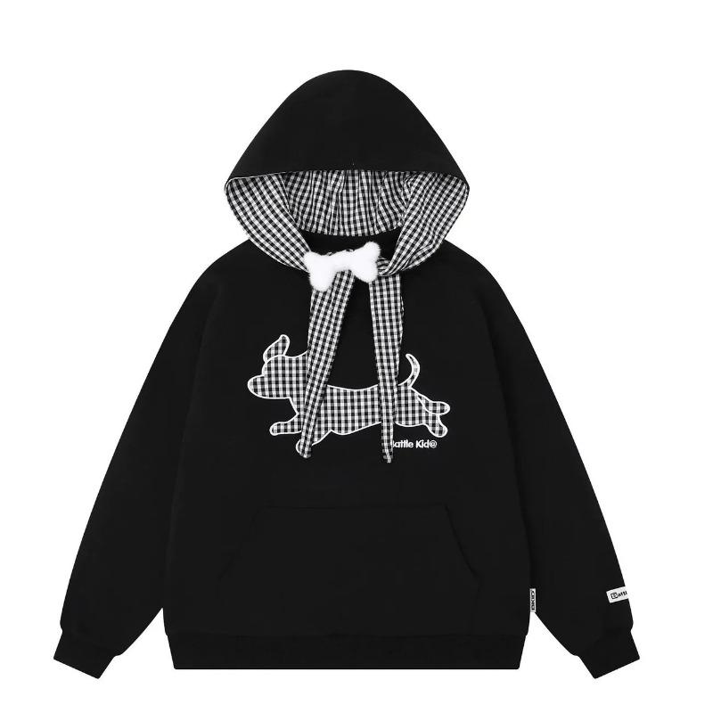 American Embroidered Puppy Plaid Strap Hooded Thin Sweatshirt for Women Autumn Winter College Style