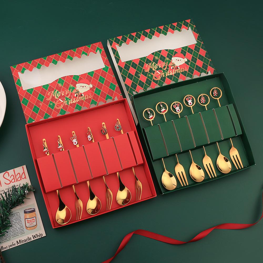 HANYANG Stainless Steel Christmas Dessert Spoon and Fork Gift Set Fruit Fork Father Christmas Coffee Spoon Hotel Household Tableware