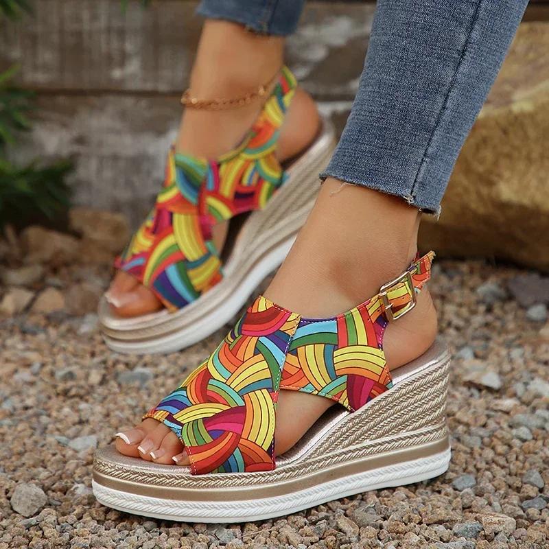 Rainbow Graffiti Wedge Heels Sandals for Women Summer 2025 Peep Toe Platform Sandals Woman Buckle Strap Thick Bottom Beach Shoes
