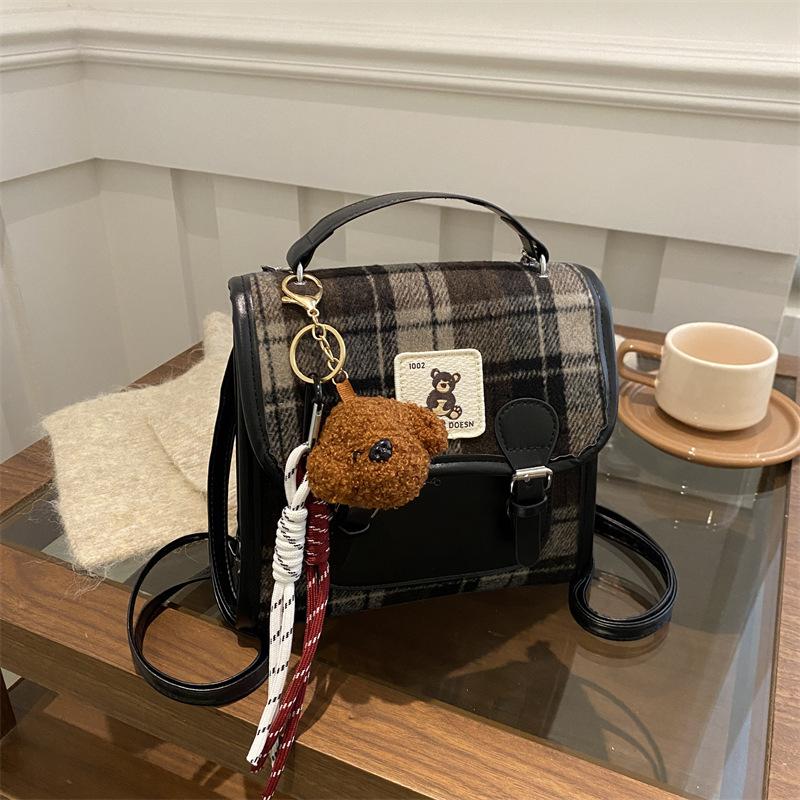 Woolen Plaid Portable Small Bag Women's 2025 New Trendy Fashion College Style Backpack Winter Retro Messenger Bag