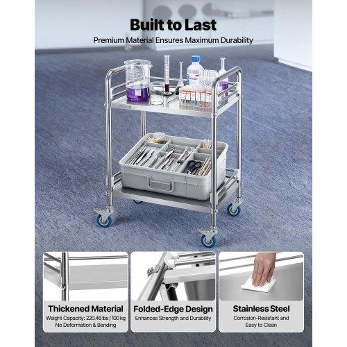 VEVOR Stainless Steel Cart, 2-Tier Rolling Lab Utility Cart with Lockable Wheels, Medical Serving Trolley Clinic Tray