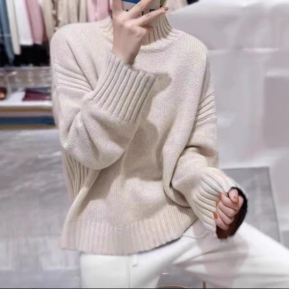 

Женский свитер из 100% чистой шерсти с высоким французским воротником - Пуловер свободного кроя на осень/зиму XXL бежевый