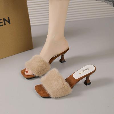 French High-end Fluffy Slippers Women's 2025 Autumn and Winter New Fashion One-word Drag Lightweight High-heeled Slippers