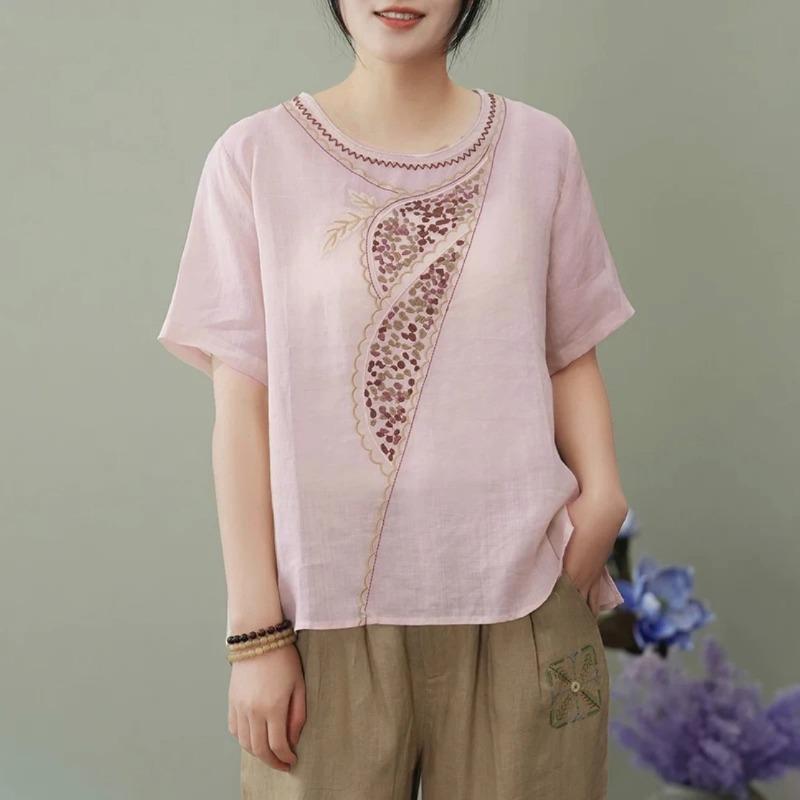 Blusa da Donna in Lino Beige Casual Ricamata Floreale Girocollo Manica Corta Top
