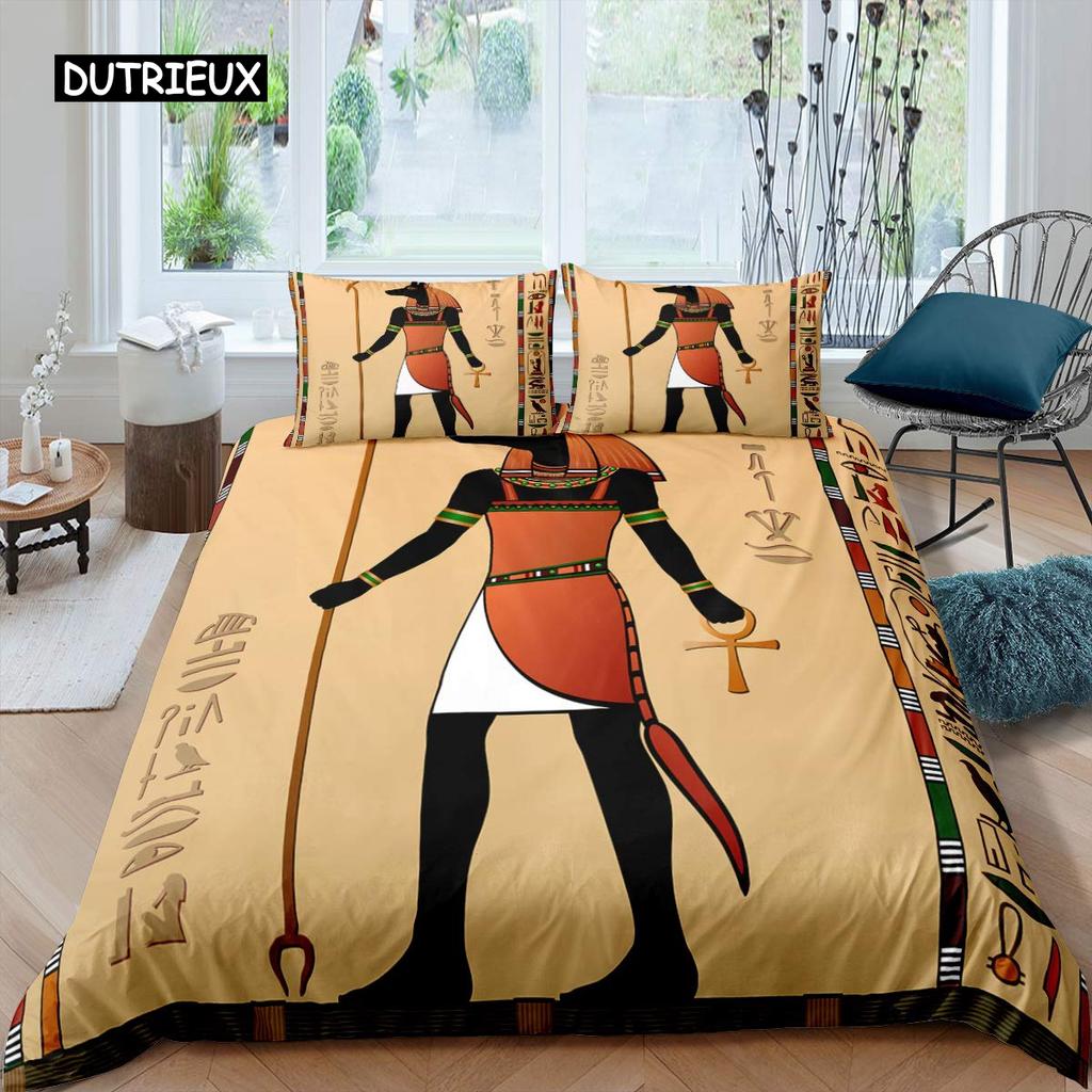 Ancient Egypt Duvet Cover Set Egyptian Symbol Bedding Set Vintage Pharaoh Pyramid Boho Tribal Polyester Quilt Cover 2/3pcs Queen