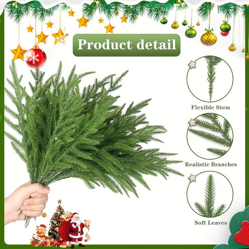 24pcs Artificial Norfolk Pine Branches - 13.4" Realistic Faux Green Stems for DIY Wreaths, Holiday Decorations
