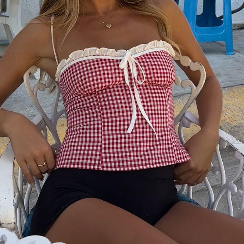 

Женская одежда H европейского и американского стиля Nanfa летняя с красной клеткой, лямками и оборками в французском стиле, сексуальная, приталенная, верхняя одежда, короткий топ Red S