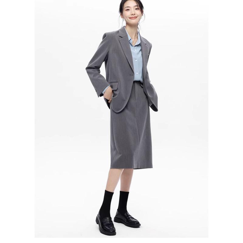 Elegant Grey Women Suit Set Professional Blazer Skirt Formal Business Outfit Interview Office Wear Petite