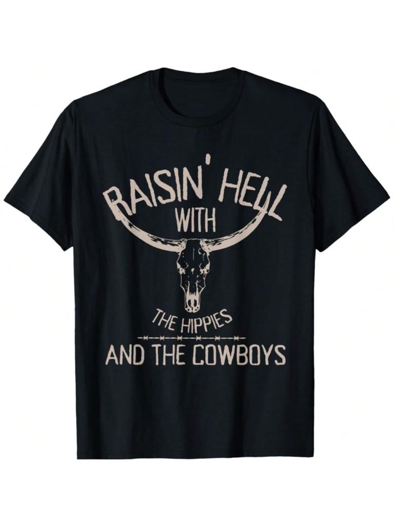 Western Cowhide Cowgirls Graphic Tees Summer Tshirt Short Sleeve Casual Black