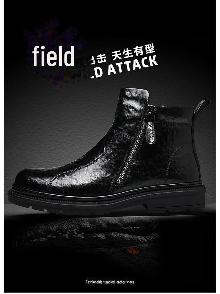 Férfi 2024 Brit Stílusú Fekete Bőr Motoros Csizma - Magasszárú, Vastag Talpú, Légáteresztő, Plusz Bársony.