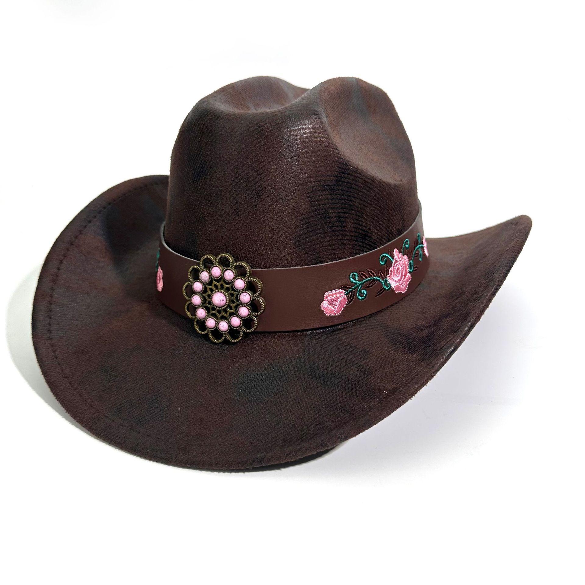 

Western Cowboy Hat Men S And Women S Rose Embroidered Top Hat For Jazz Hats M（56-58cm） темно-коричневого кольору