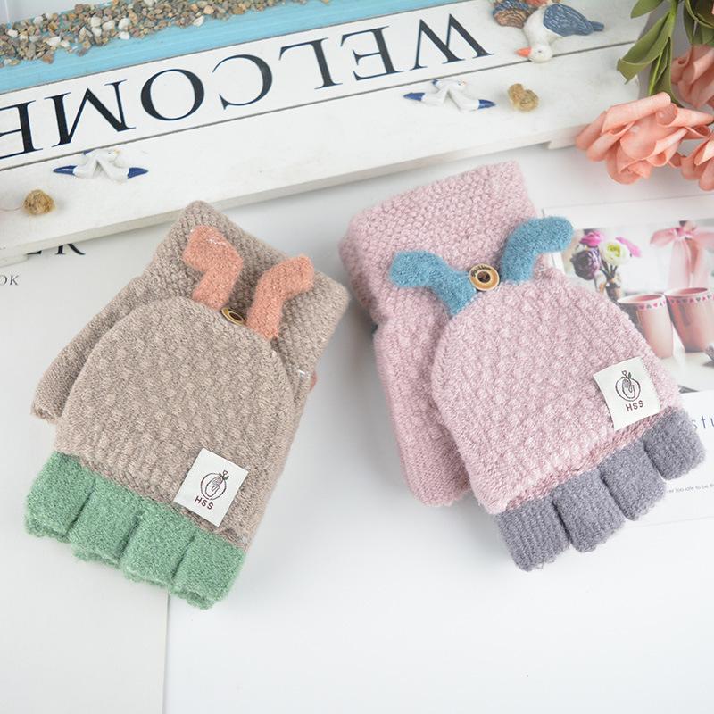 New Women's Half-finger Flip Three-dimensional Ear Warm Gloves Winter Outdoor Cycling Sports Gloves