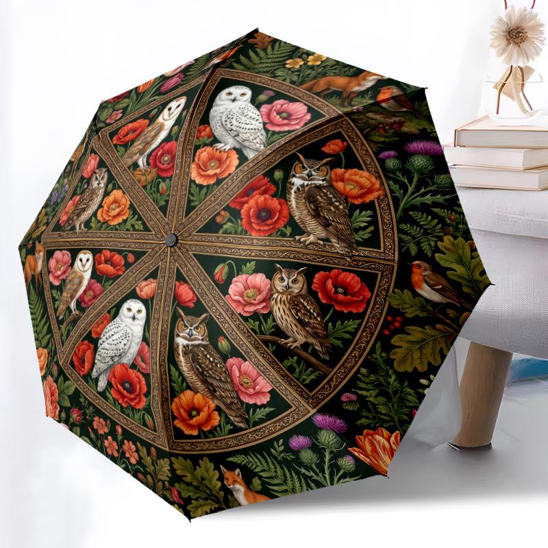 1 szt. Solidny Parasol Automatyczny 8-żebrowy, Senny Parasol z Ciemną Sową i Dzikimi Kwiatami, Drukowany Cyfrowo, Składany Parasol do Użytku Na Zewnątrz w Podróży