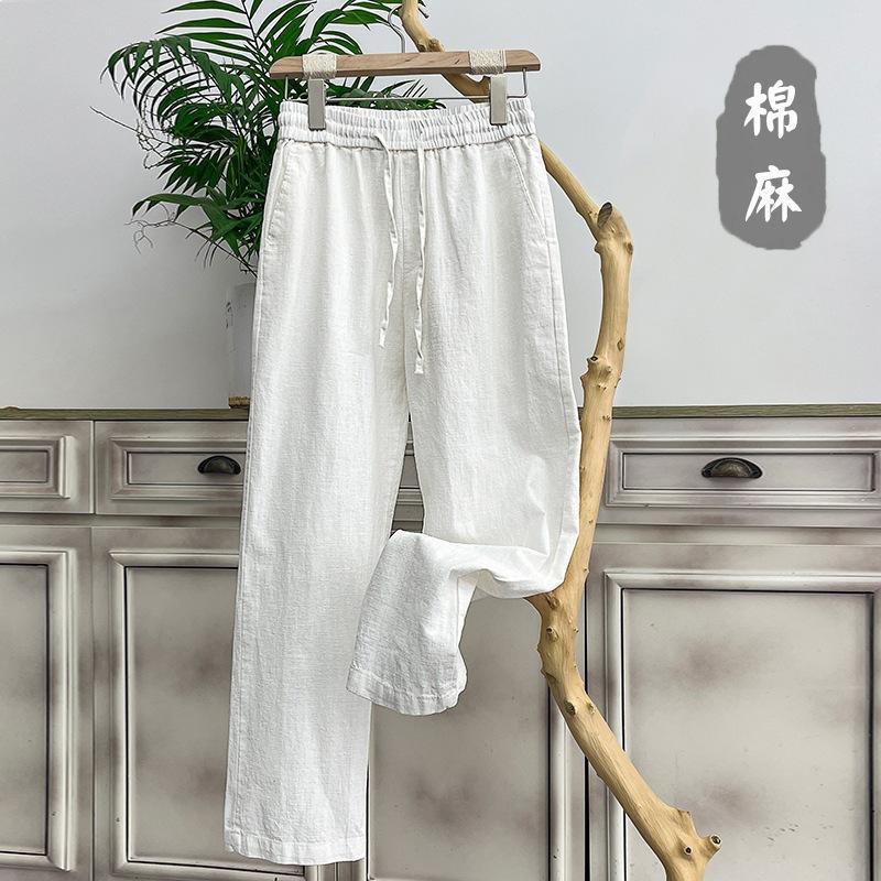 

Unisex Navy Blue Cotton Linen Pants Drawstring Waist Casual Wide Leg Trousers M белый