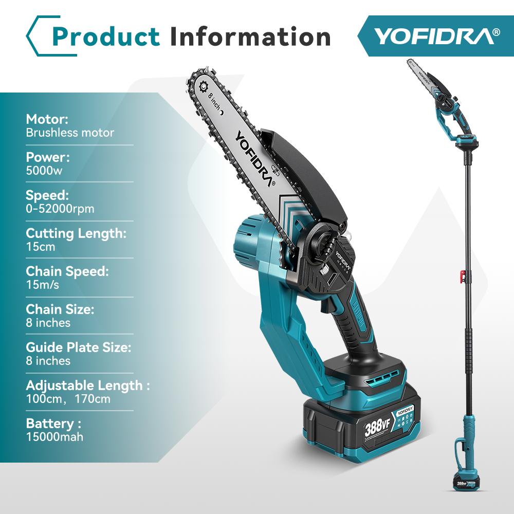 Yofidra Brushless 8Inch Telescoping Pole Electric Chainsaw High Branch Saw Garden Pruning Power Tool For Makita 18V Battery Pin