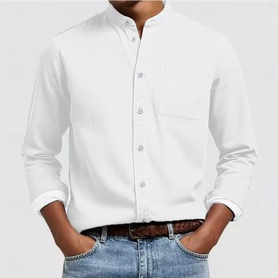 Men's Stand Collar Linen Blend Shirt with Chest Pocket for Daily Wear