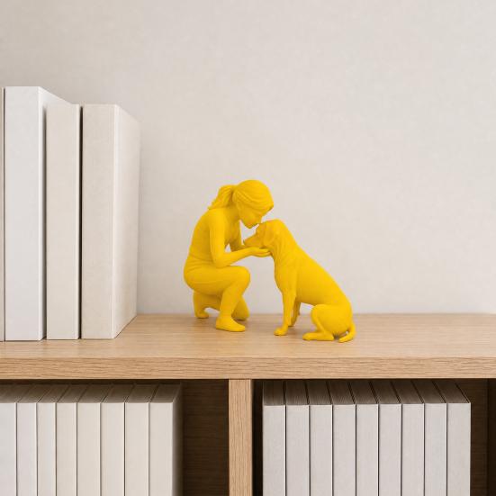 3D Printed Women Dog Figurine, Girls Pet Friendship Decorative Statue Sculpture for Living Room Home Office Shelf, Gift for Dog Lovers