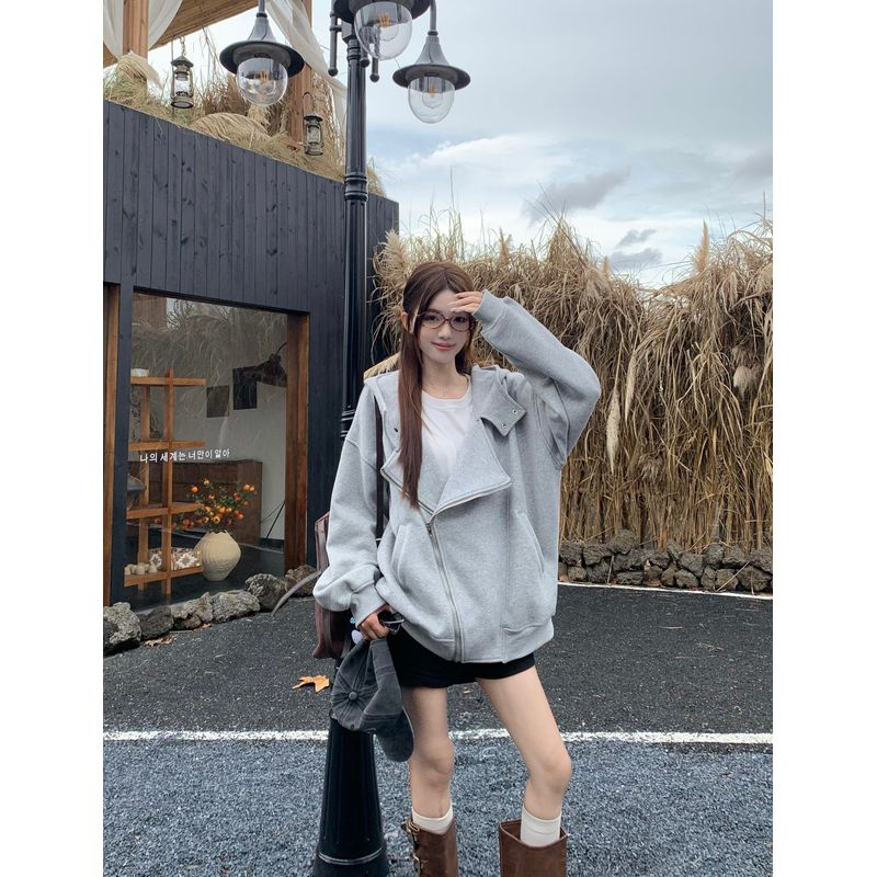 Kumikumi Idle Style Gray Elegant Chic Hooded Long Sleeve Sweater Women Fall Loose Versatile Casual Top