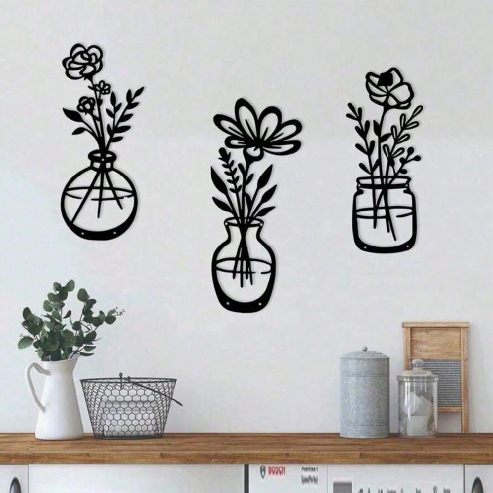 1/3pcs Black Metal Flower Vase Wall Art Modern Home Decor for Living Room Bedroom
