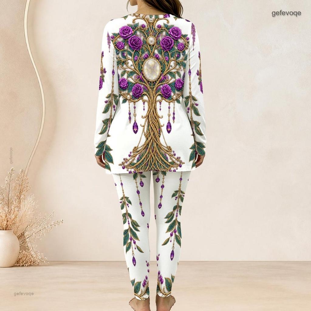 Women Plus Size Two Piece Set Round Neck Long Sleeve Black Printed Top And Long Pants