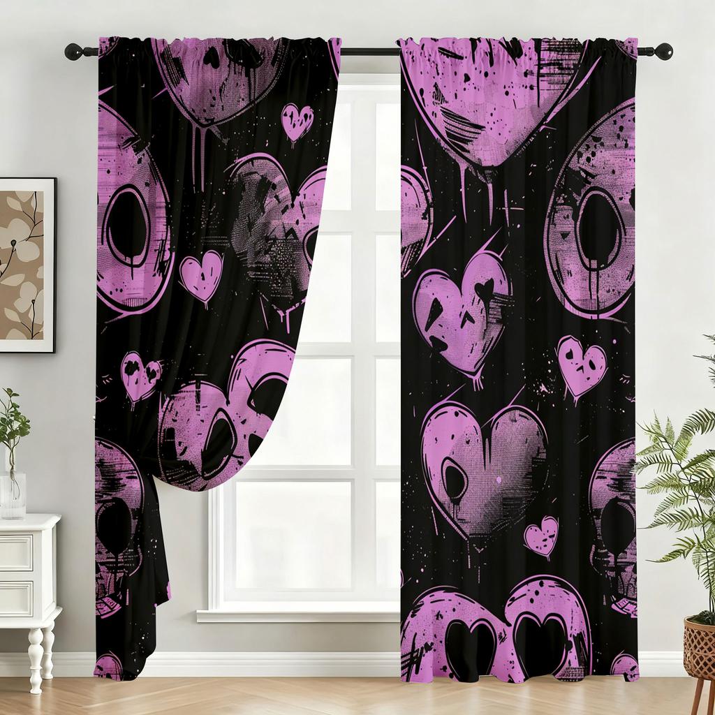 2pcs Purple funeral themed heart-shaped curtains   niche dark   bedroom and living room   decorative with drawbar pockets